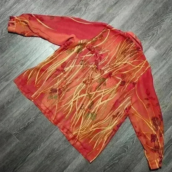 Vintage 90s  orange autumn leaves flowy button-up shirt - Picture 11 of 16